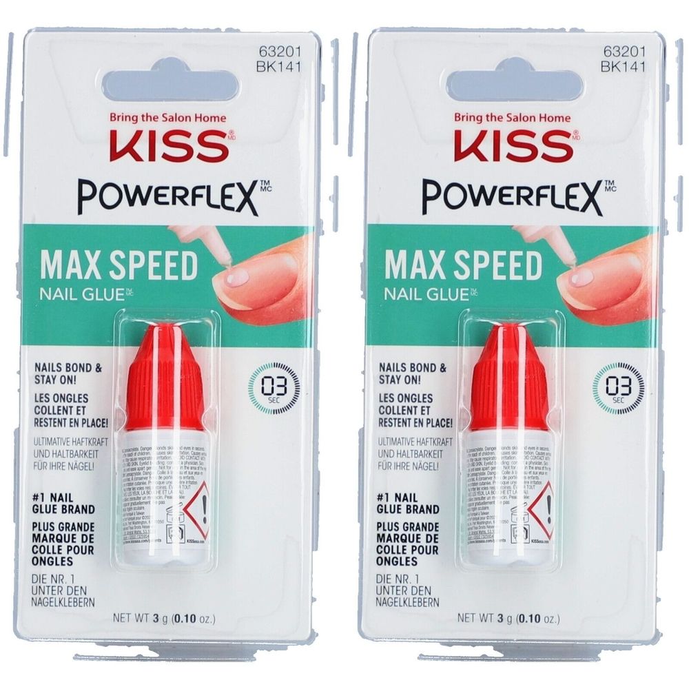 Zwei Packungen KISS Powerflex Max Speed Nagelkleber. Rote Flasche mit weißem Etikett in Blisterverpackung.