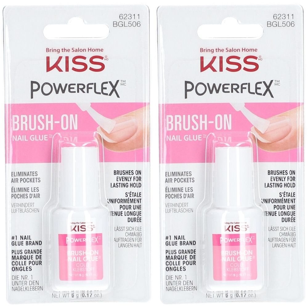 Deux paquets de colle à ongles. Inscription : KISS Powerflex Brush-On Nail Glue. Élimine les poches d'air, tenue longue durée.