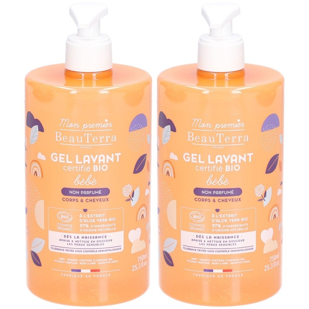 Zwei Flaschen Baby-Waschgel. Orangefarbene Flaschen mit weißem Pumpverschluss. Aufschrift: BeauTerra, Gel Lavant, certifié BIO, bébé.