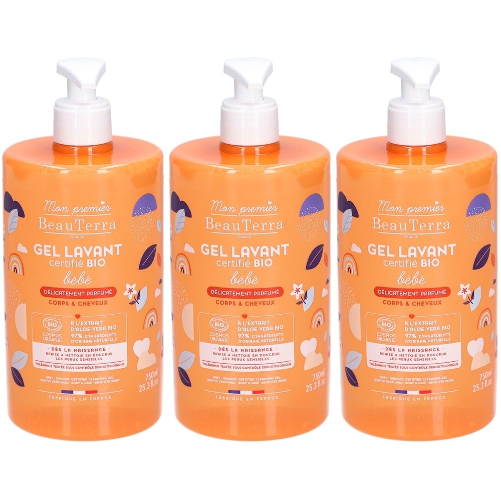 Trois flacons de gel lavant pour bébé. Flacons oranges avec pompe blanche. Inscription: BeauTerra, Gel Lavant, certifié BIO.