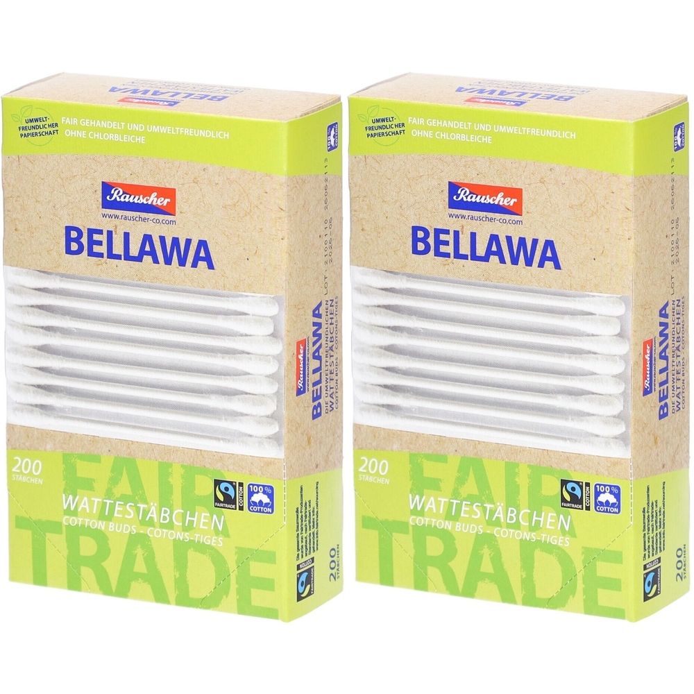Zwei Kartons BELLAWA Wattestäbchen. Verpackung mit 200 Stück. Aufschrift: Fair Trade. Marke Rauscher.