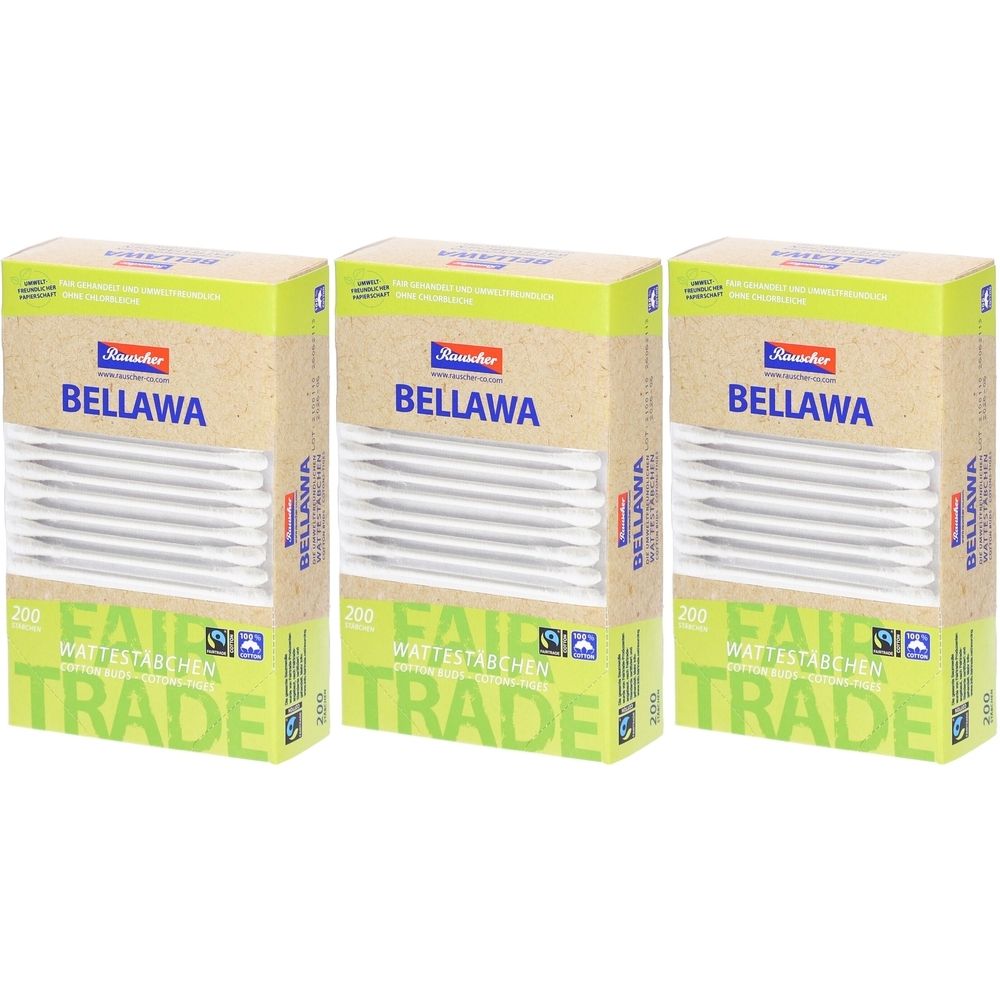 Drei Packungen BELLAWA Wattestäbchen. Aufschrift: Fair Trade. Jede Packung enthält 200 Stück. Grün-beige Verpackung.