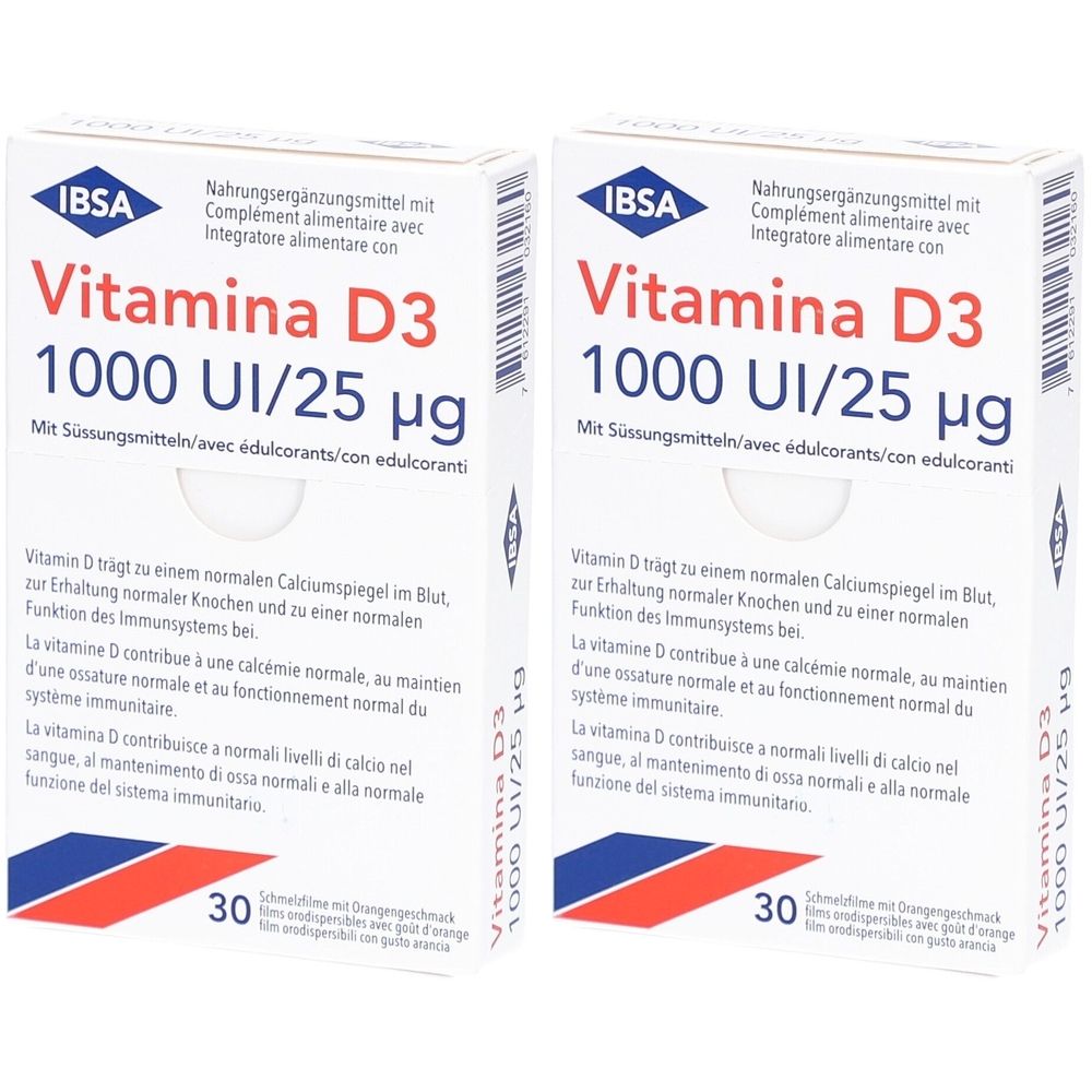 Zwei Schachteln Vitamin D3, 1000 UI/25 µg. Nahrungsergänzungsmittel mit Text in Deutsch, Französisch, Italienisch. 30 Stück.