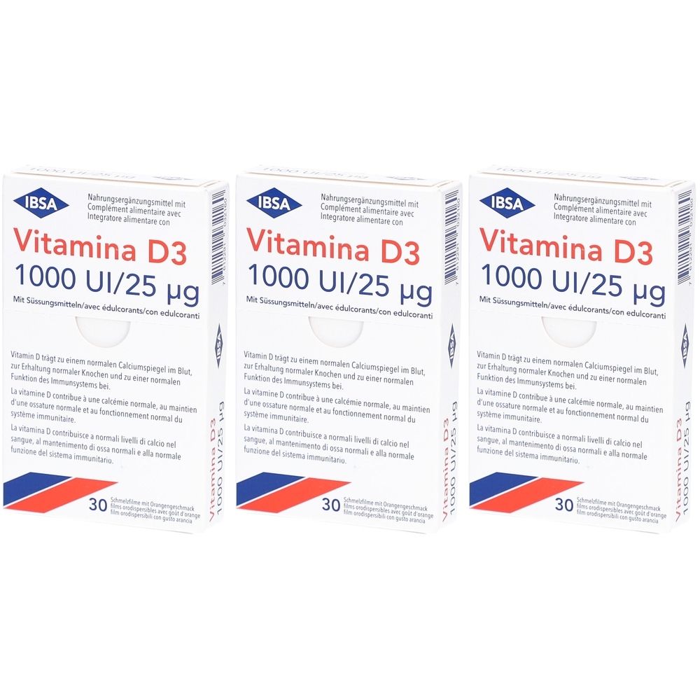 Drei Schachteln mit der Aufschrift "Vitamina D3 1000 UI/25 µg". Auf jeder Schachtel steht "30". Das Logo von IBSA ist ebenfalls zu sehen.