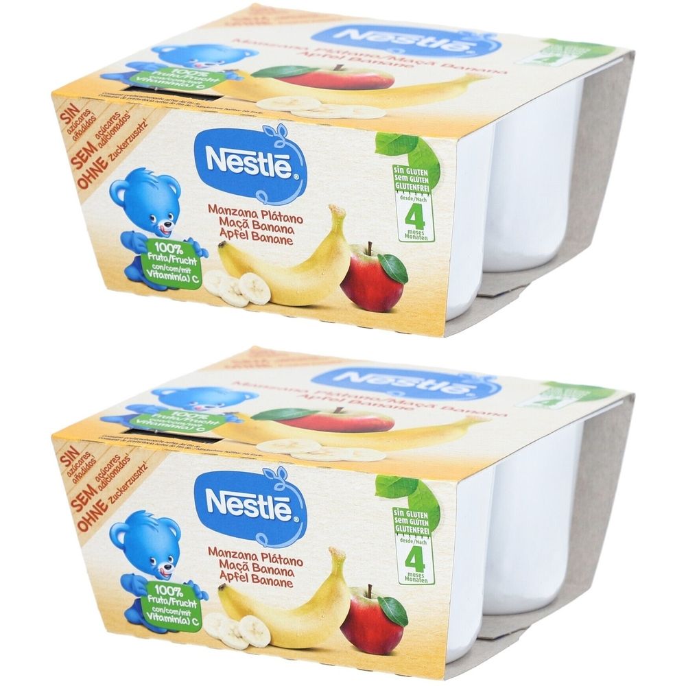 Deux emballages Nestlé Kompott Apfel Banane. Inscriptions : 100% fruits, vitamine C, sans sucre ajouté, sans gluten. Image de pomme et banane.