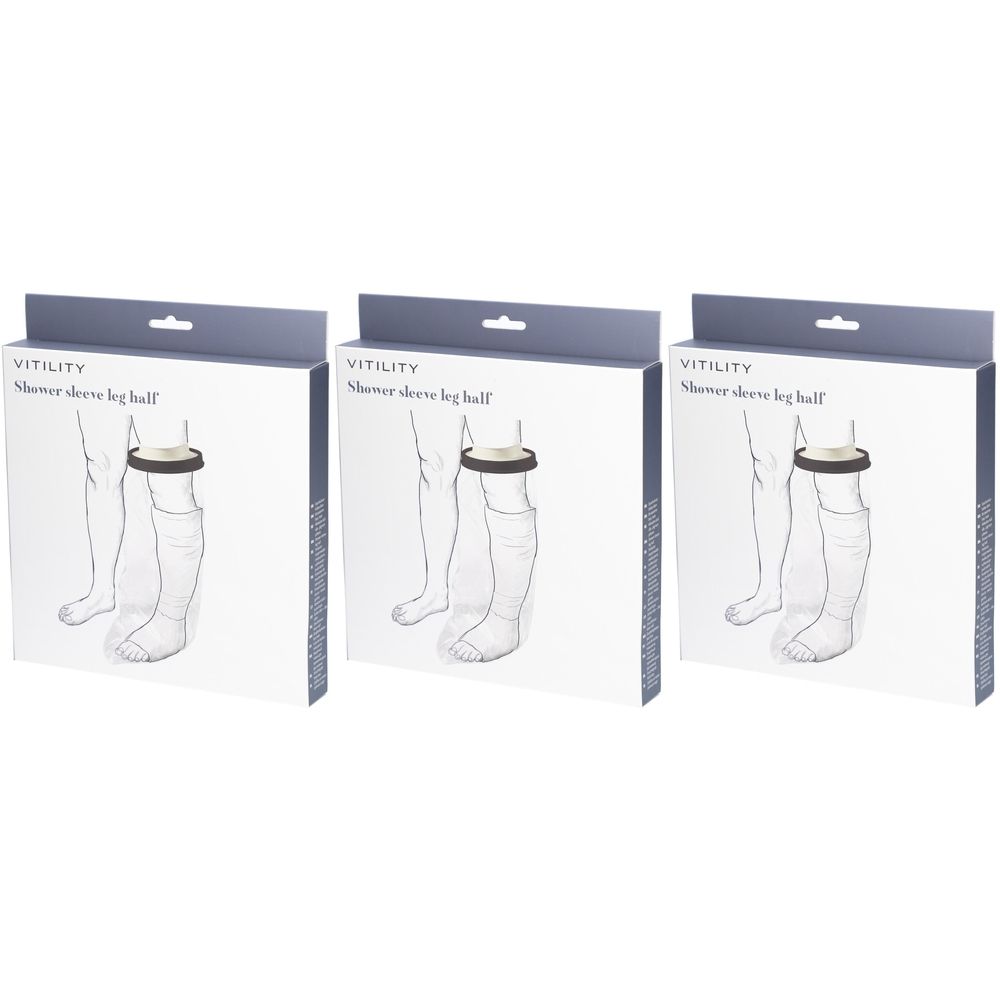 Trois boîtes de produit. Chaque boîte présente une illustration d'une jambe avec un protège-douche. La marque est Vitility.