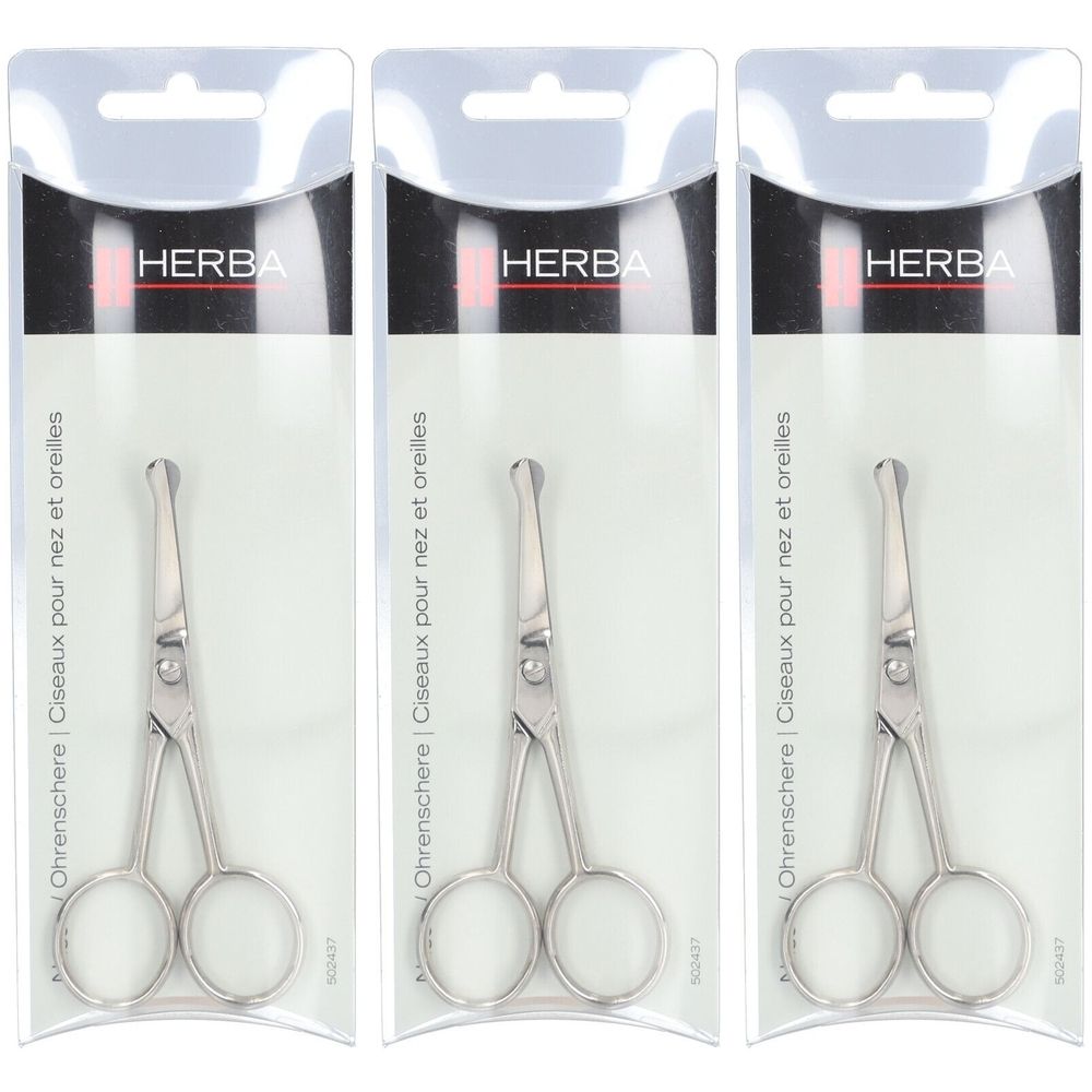 Drei HERBA Nasen- und Ohrenschere, vernickelt, in Einzelverpackung. Metallschere mit abgerundeter Spitze und Ringgriffen.