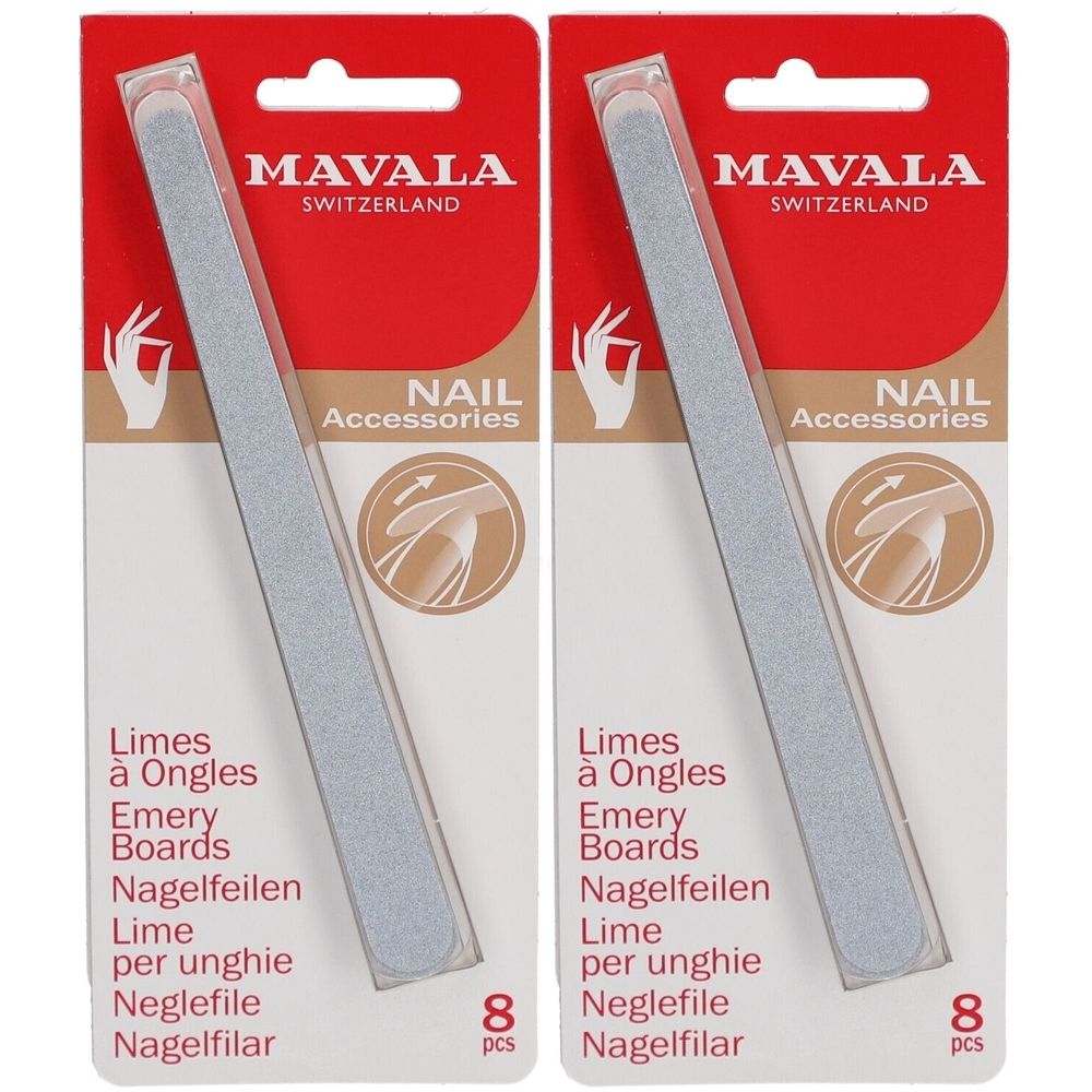 Zwei Nagelfeilen in Verpackung. Aufschrift: MAVALA, Nail Accessories, 8 Stück. Mehrsprachige Produktbezeichnungen.
