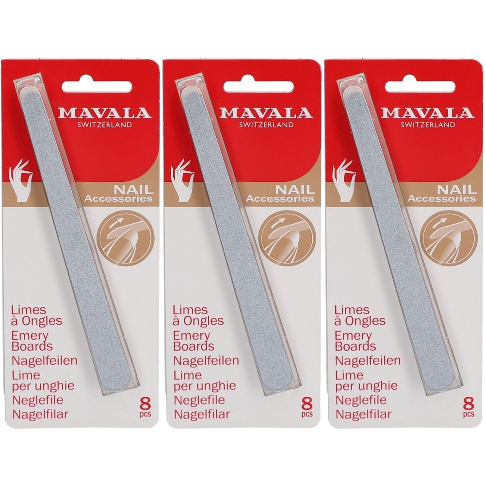 Drei Packungen Nagelfeilen. Jede Packung enthält acht Feilen. Marke: Mavala. Aufschrift: Limes à Ongles, Emery Boards, Nagelfeilen, Lime per unghie, Neglefile, Nagelfilar.