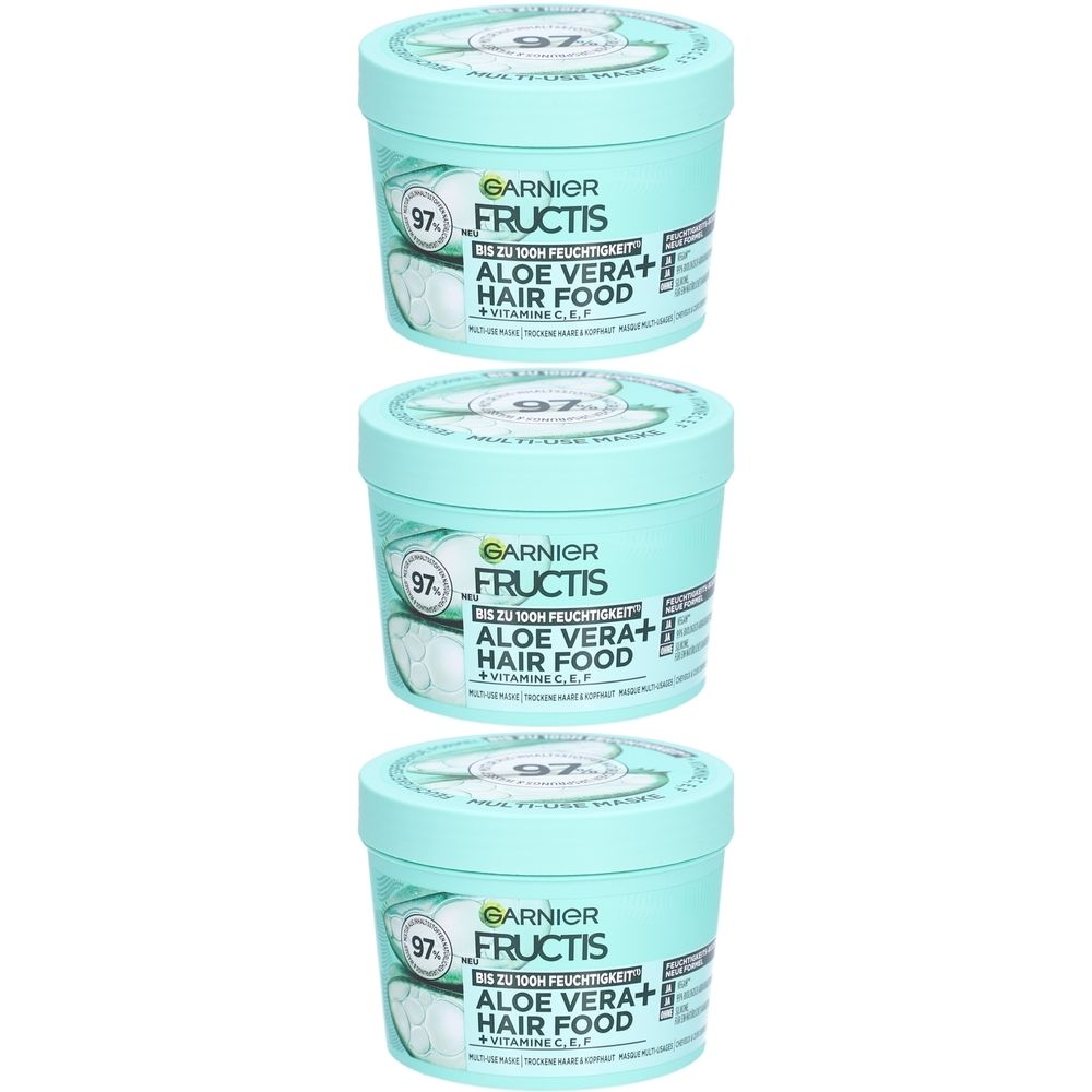 Trois pots turquoise avec couvercles. Inscription: Garnier Fructis Aloe Vera Hair Food.