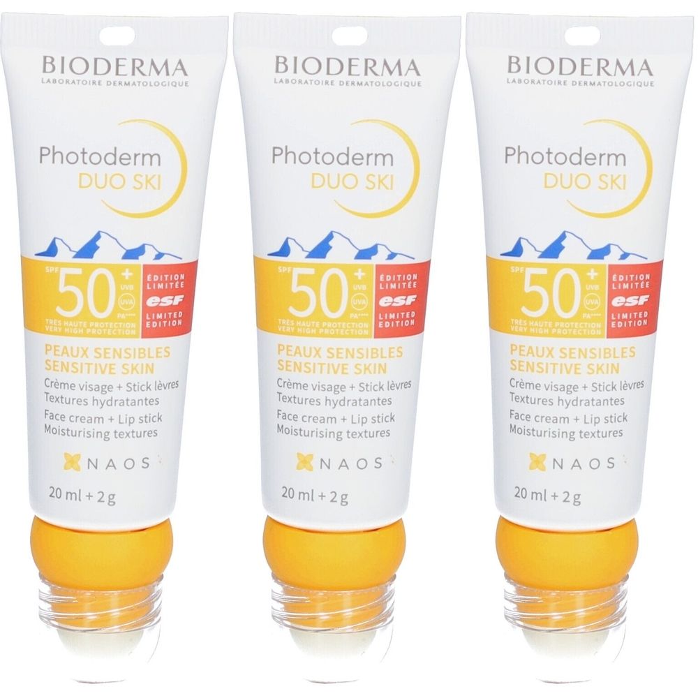 Drei Tuben BIODERMA Photoderm Duo Ski. Weiß, gelb und orangefarben. Text auf der Tube: 50, Peaux Sensibles, Sensitive Skin.