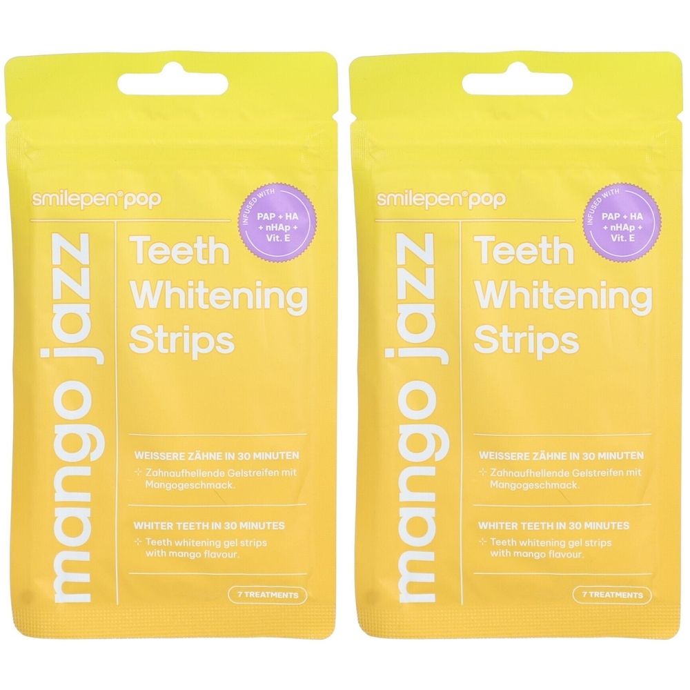 Deux emballages jaunes avec "mango jazz" et "Teeth Whitening Strips". Autocollants violets ronds avec du texte.