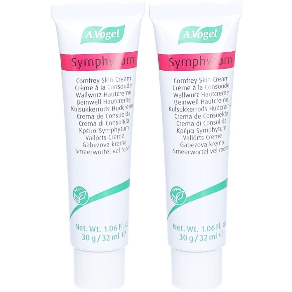Deux tubes de crème A. Vogel Symphytum. Tubes blancs avec texte rouge et vert. Inscription : Comfrey Skin Cream.