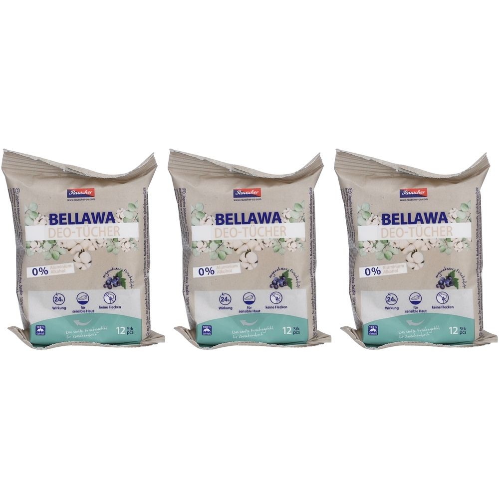 Drei Packungen BELLAWA Deo-Tücher. Jede Packung zeigt das Produkt, 0% und 12 Stück. Verpackung in Beige und Weiß.