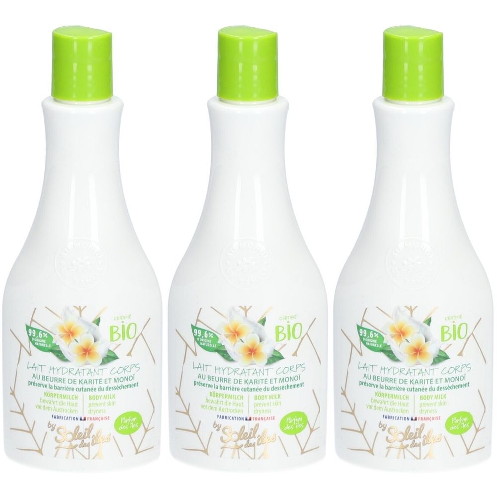 Trois flacons blancs avec des bouchons verts. Chaque flacon porte l'inscription "BIO" et "LAIT HYDRATANT CORPS".