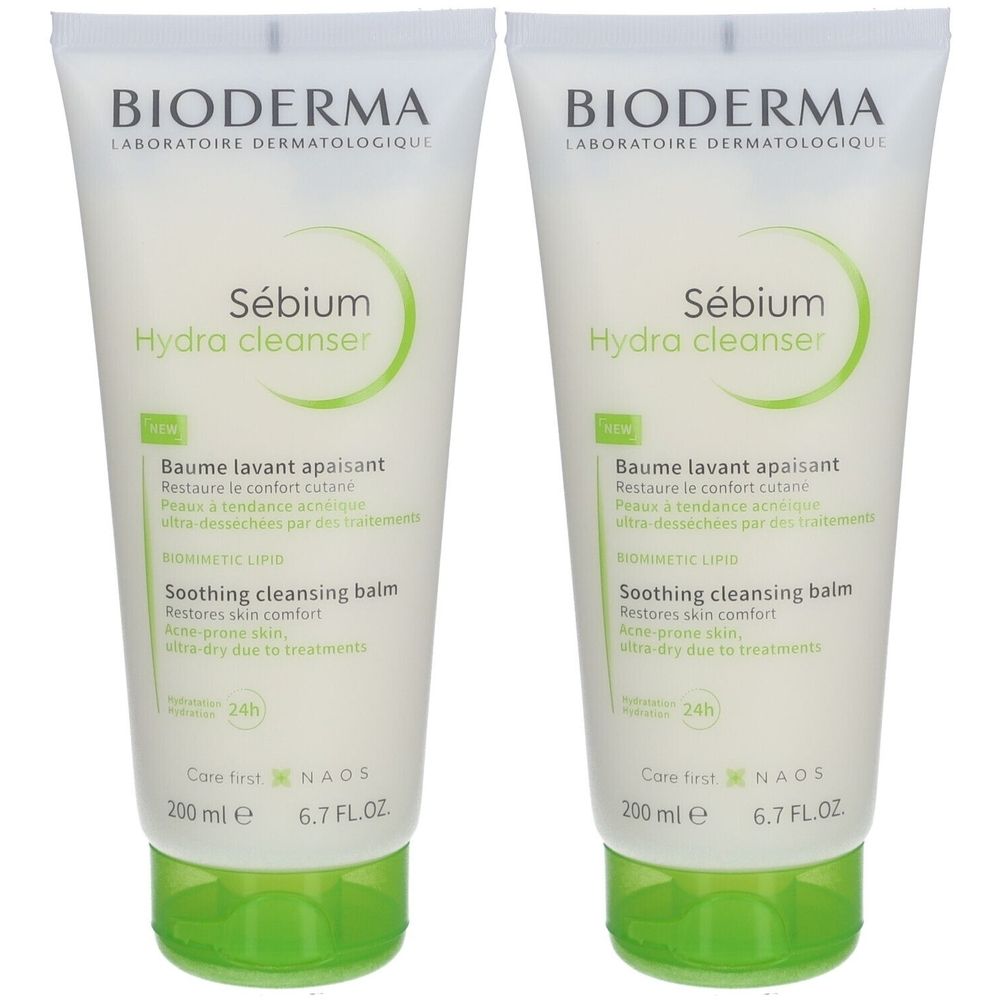 Deux tubes de BIODERMA Sébium Hydra cleanser. Emballage blanc et vert. Texte : Sébium Hydra cleanser, Baume lavant apaisant, Soothing cleansing balm.