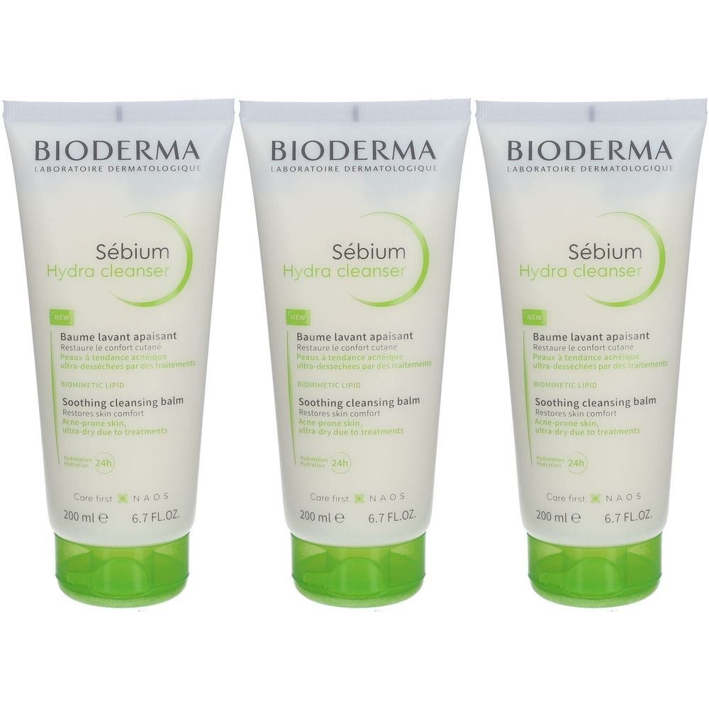 Trois tubes de BIODERMA Sébium Hydra cleanser. Tubes blancs avec des accents verts. Les noms de produits et les logos sont visibles.