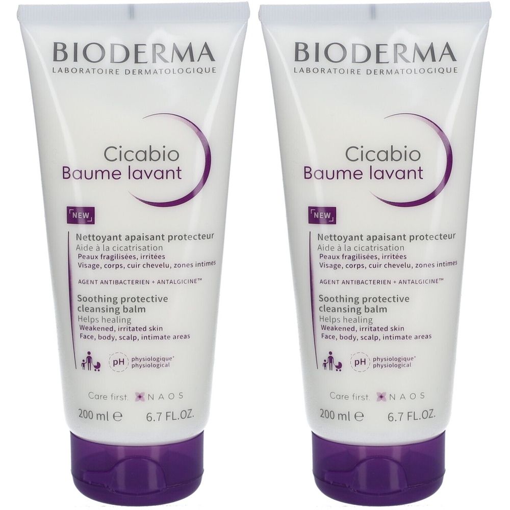 Zwei Tuben Bioderma Cicabio Baume Lavant. Weiß, mit lila Akzenten. Text: Cicabio Baume lavant, Soothing protective cleansing balm, 200 ml.
