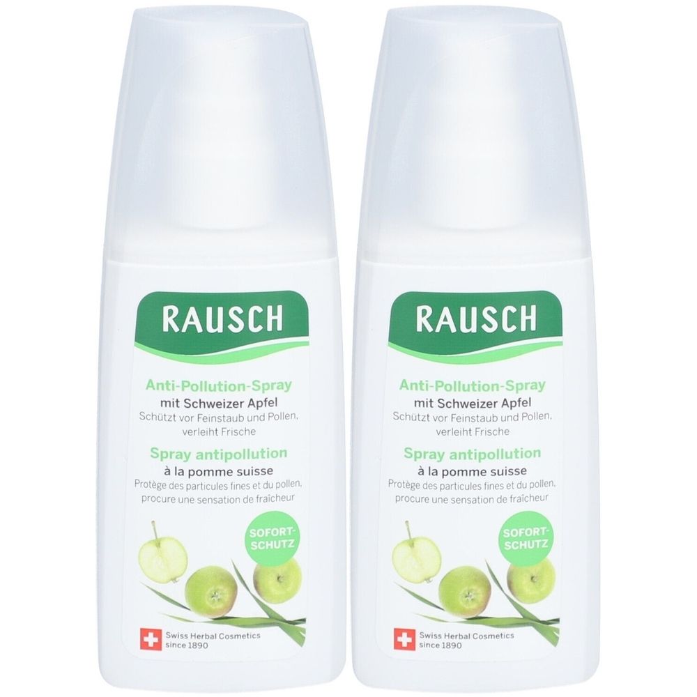 Zwei weiße Sprühflaschen mit grünen Etiketten. Aufschrift: RAUSCH Anti-Pollution-Spray. Schweizer Apfel. Sofort Schutz.