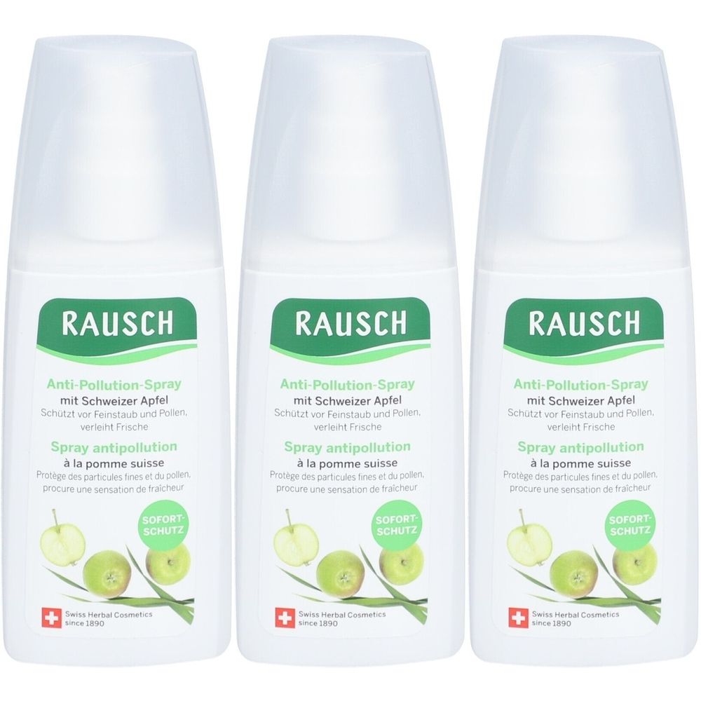 Drei weiße Sprühflaschen mit grünen Etiketten. Aufschrift: RAUSCH Anti-Pollution-Spray. Abbildung von Äpfeln und Schweizer Kreuz.