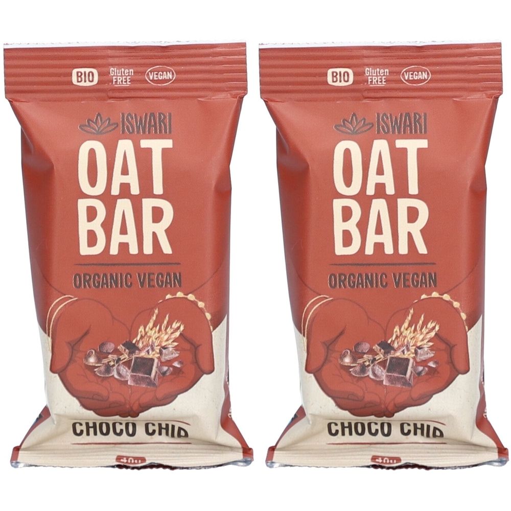 Deux barres Oat emballées. Inscription : Iswari Oat Bar, Organic Vegan, Choco Chid. Avec labels Bio, Sans gluten et Vegan.