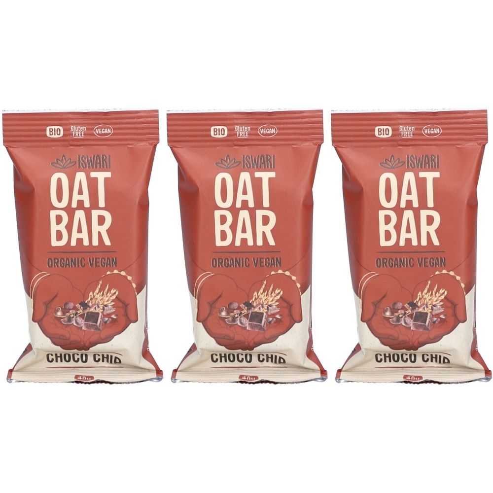 Trois barres emballées. L'emballage indique "Oat Bar", "Organic Vegan" et "Choco Chip". Le logo affiche "Iswari".