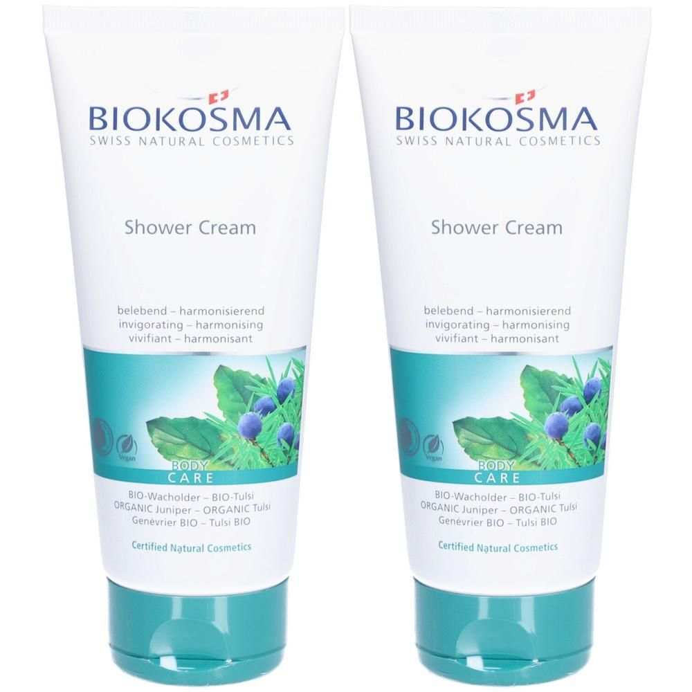Deux tubes de crème de douche. Blanc, avec des accents bleu-vert. Inscription: Biokosma, Shower Cream, BIO-Wacholder & BIO-Tulsi.