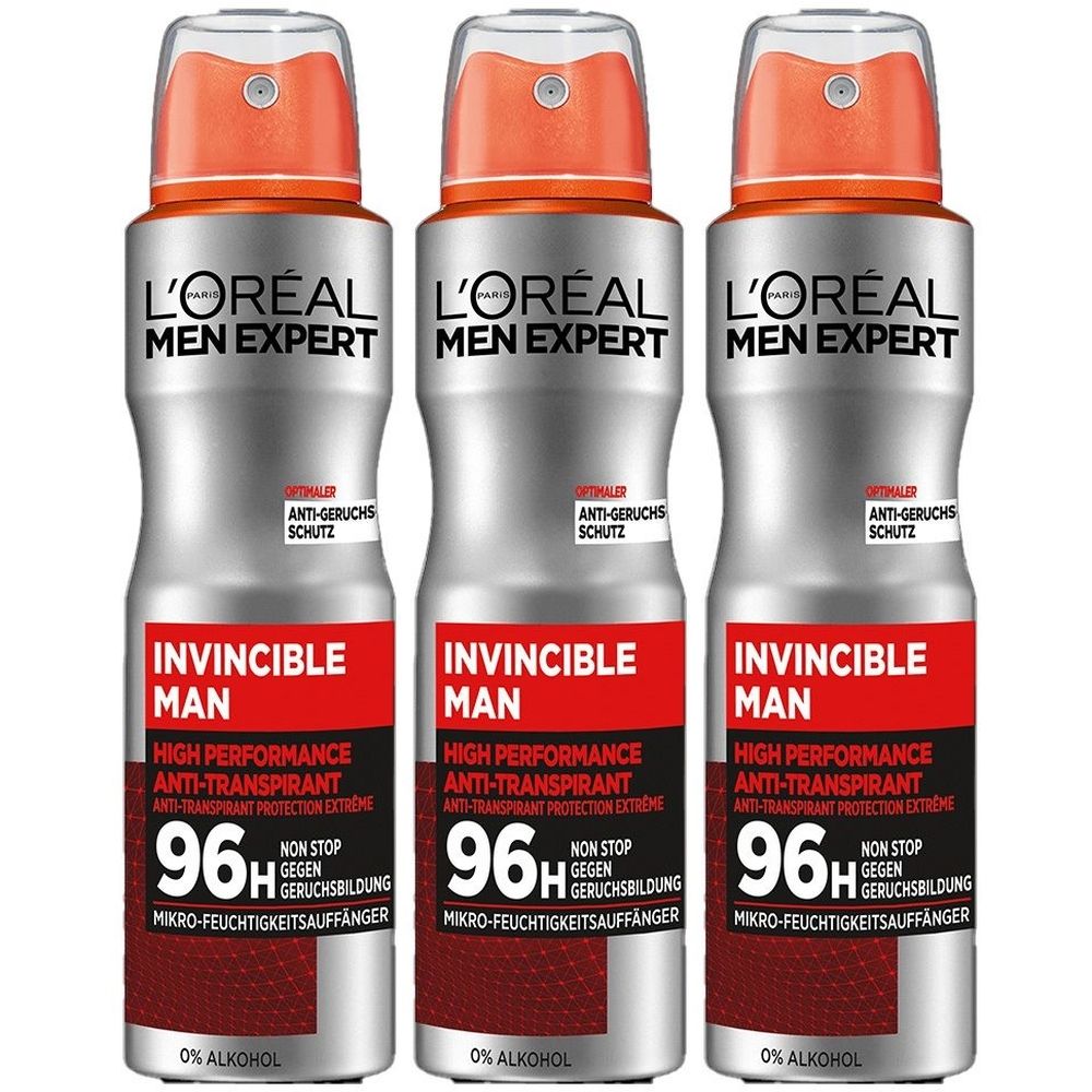 Drei silberne Sprays mit orangefarbenen Deckeln. Aufschrift: L'Oréal Men Expert, Invincible Man, 96h Anti-Transpirant.