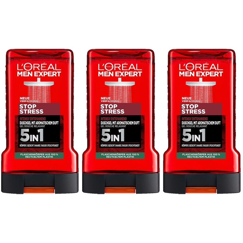Trois flacons de gel douche rouges. Inscription : L'Oréal Men Expert, Stop Stress, 5 en 1. Corps du flacon en plastique 100% recyclé.