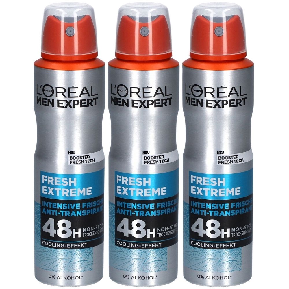Trois déodorants argentés avec des capuchons orange. Inscription : L'Oréal Men Expert, Fresh Extreme, 48H Anti-Transpirant, effet rafraîchissant.