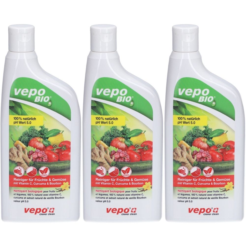 Trois flacons blancs avec étiquette verte et blanche. Inscription : vepo BIO, nettoyant pour fruits et légumes, pH 5.0.