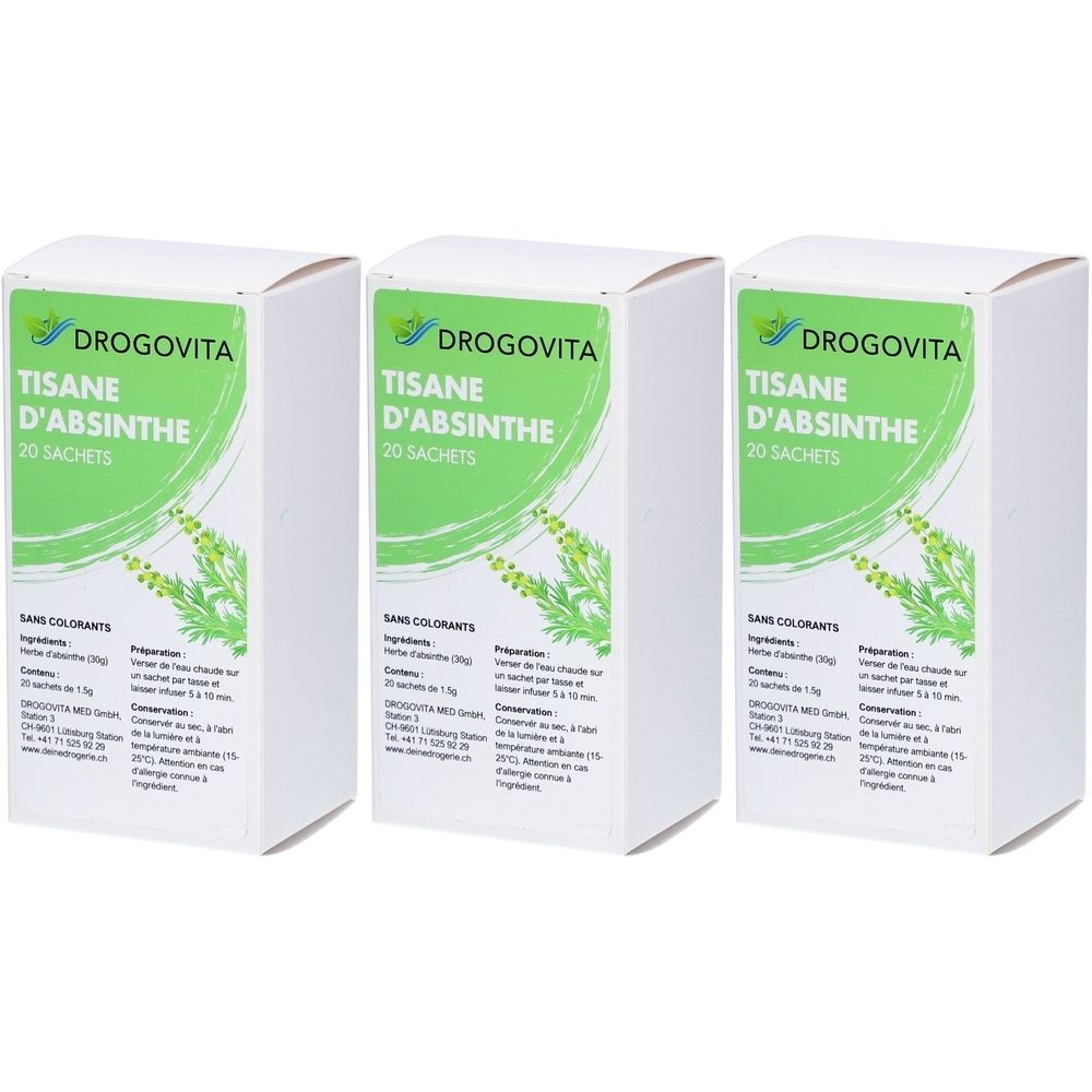 Drei weiße Schachteln mit grünen Etiketten. Auf den Etiketten steht "DROGOVITA TISANE D'ABSINTHE 20 SACHETS".