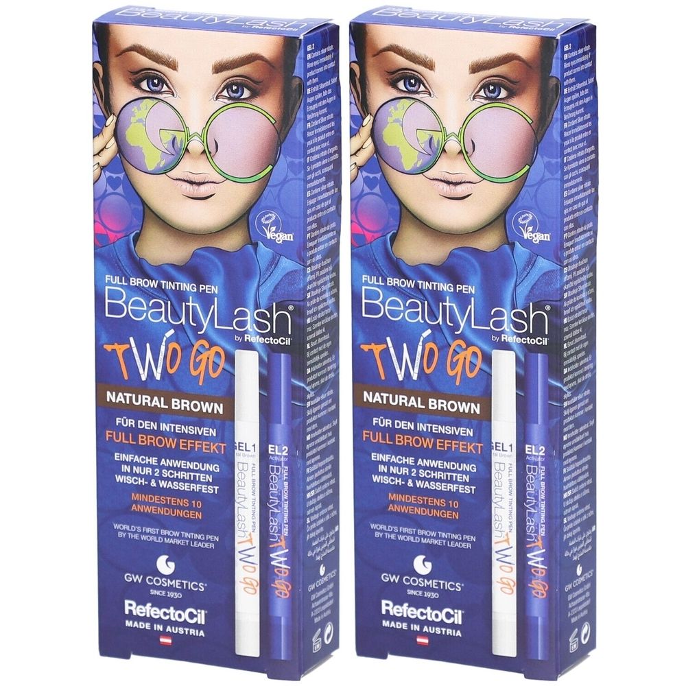 Zwei Packungen BeautyLash® Färbestift für Augenbrauen. Blaue Verpackung mit Produktabbildung und Schriftzug. Enthält zwei Stifte.