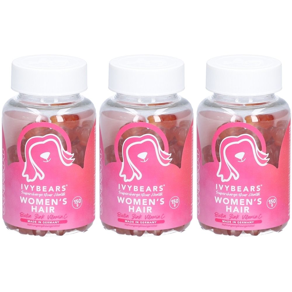 Trois flacons transparents avec des étiquettes roses. Les étiquettes indiquent "IVYBEARS Women's Hair". Les flacons contiennent des oursons en gélatine.