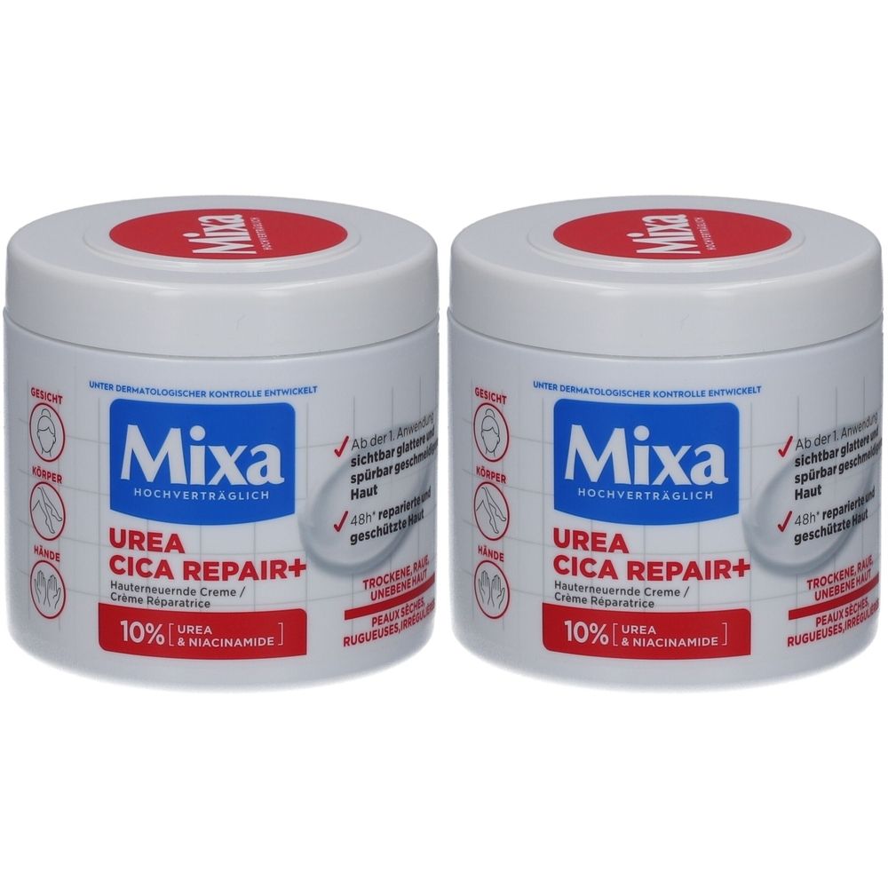 Deux pots blancs avec couvercles rouges. Inscription Mixa, Urea Cica Repair+. Contient 10% d'urée et de niacinamide. Testé dermatologiquement.
