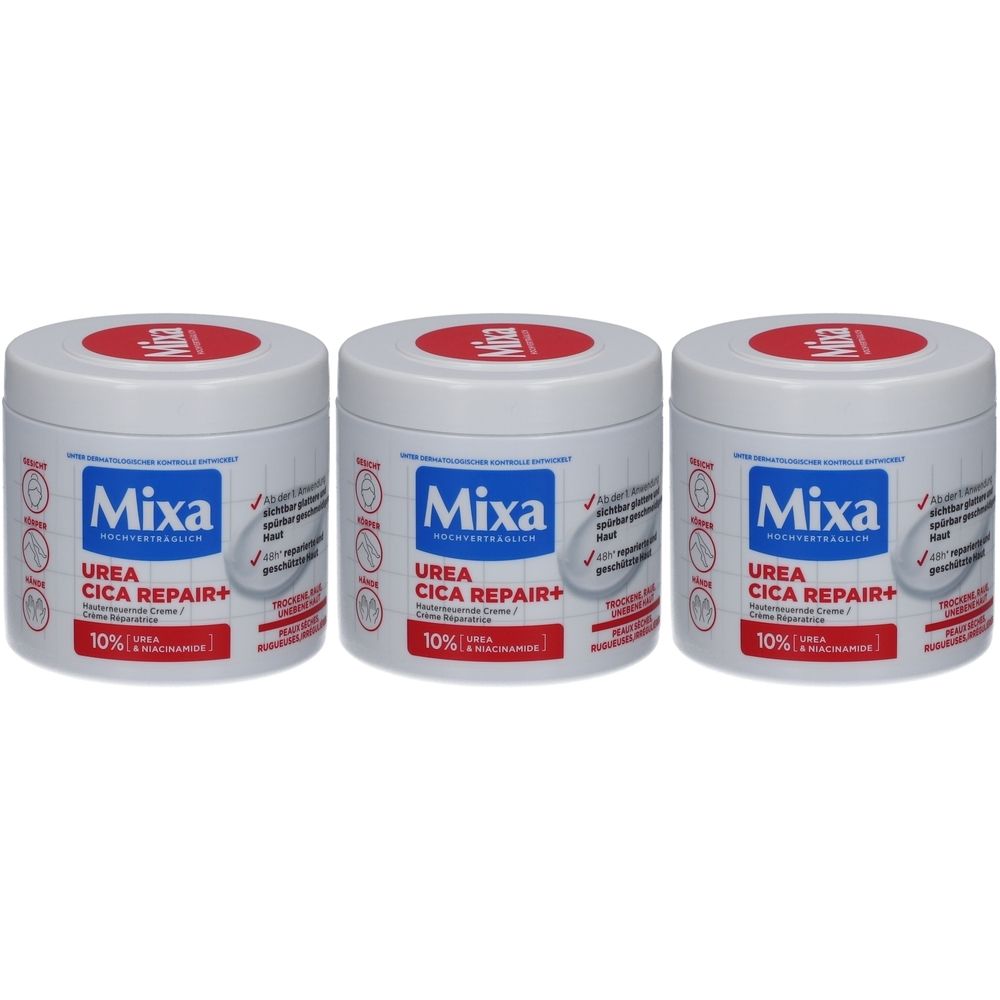 Trois pots blancs avec couvercles rouges. Inscription Mixa, Urea Cica Repair+. 10% Urée & Niacinamide.