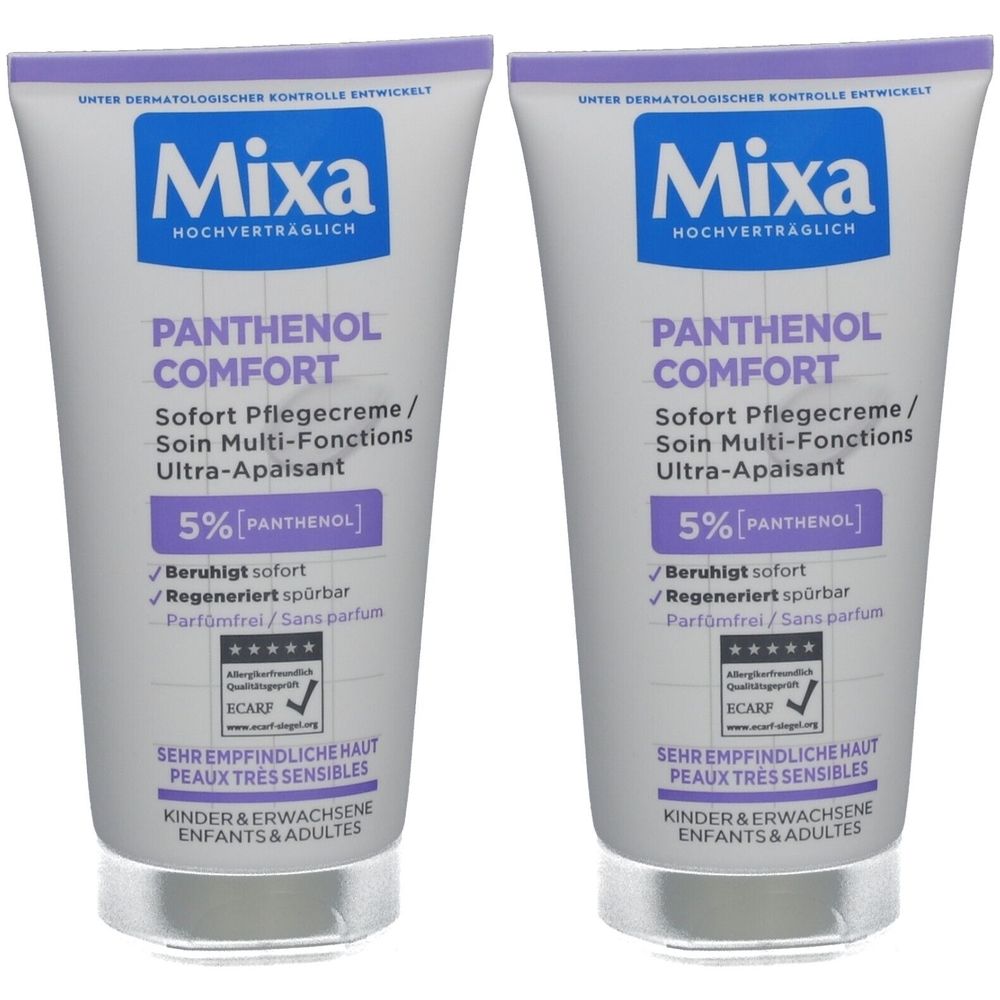 Zwei Tuben Mixa Panthenol Comfort Creme. Aufschrift: 5% Panthenol, beruhigt sofort, regeneriert spürbar, parfümfrei.
