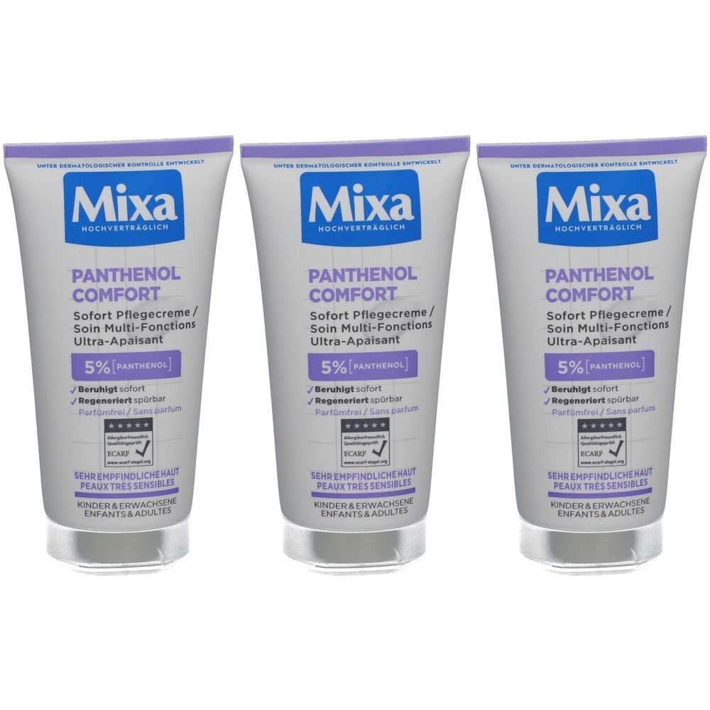 Drei Tuben Mixa Pantenol Comfort Creme. Weiß, mit blauem und lila Schriftzug. Enthält 5% Panthenol. Für empfindliche Haut.
