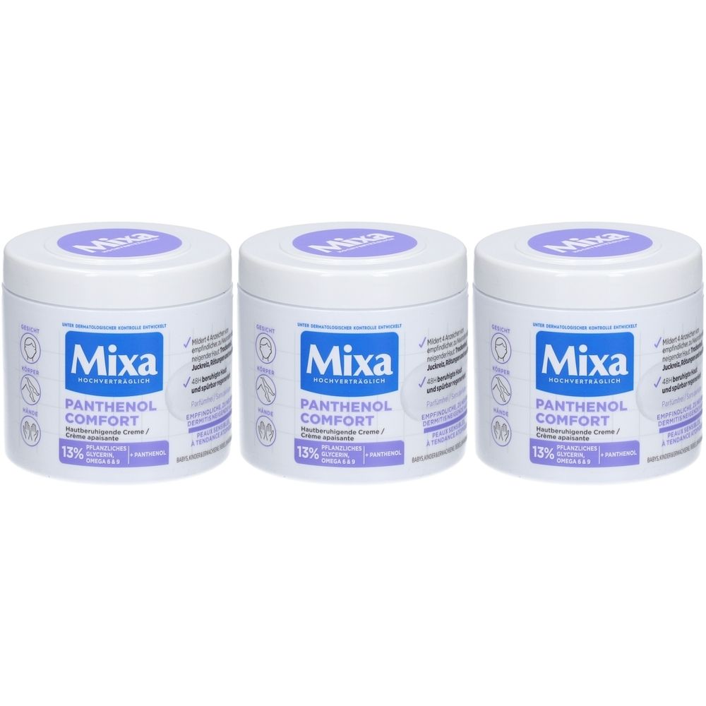 Trois pots blancs avec couvercles violets. On lit Mixa, Panthenol Comfort et 13% sur les pots.