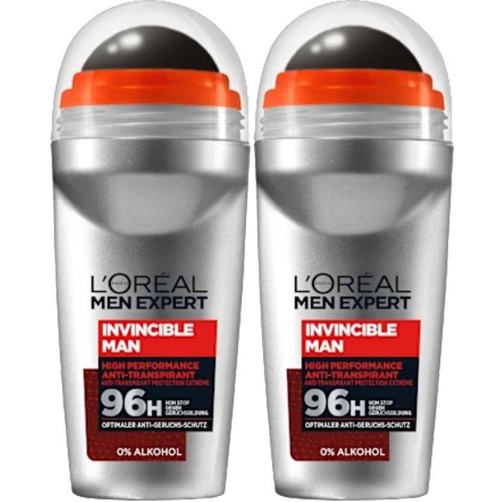 Deux déodorants roll-on. Flacons argentés avec tête noire et anneau orange. L'Oréal Men Expert Invincible Man, 96H.