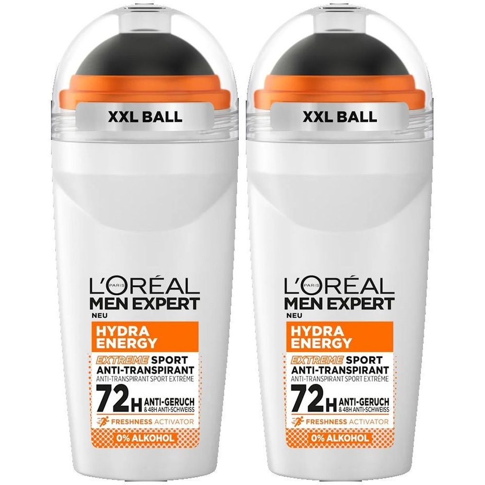 Deux déodorants roll-on blancs. Boule noire, accents orange. L'Oréal Men Expert Hydra Energy. Texte : XXL BALL, 72H Anti-odeurs.