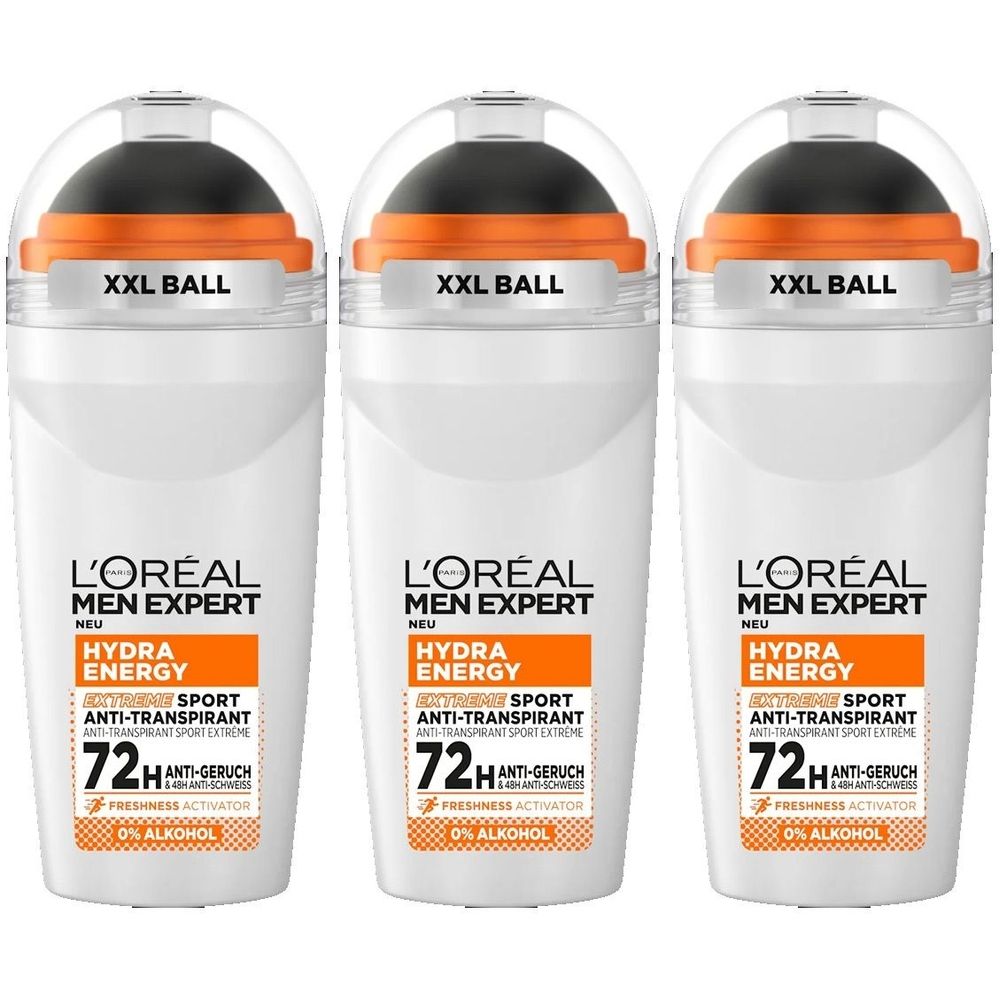 Drei weiße Roll-on-Deodorants. Schwarze Kugel, orangefarbener Ring, transparente Kappe. Text: L'Oréal Men Expert, Hydra Energy, 72H.