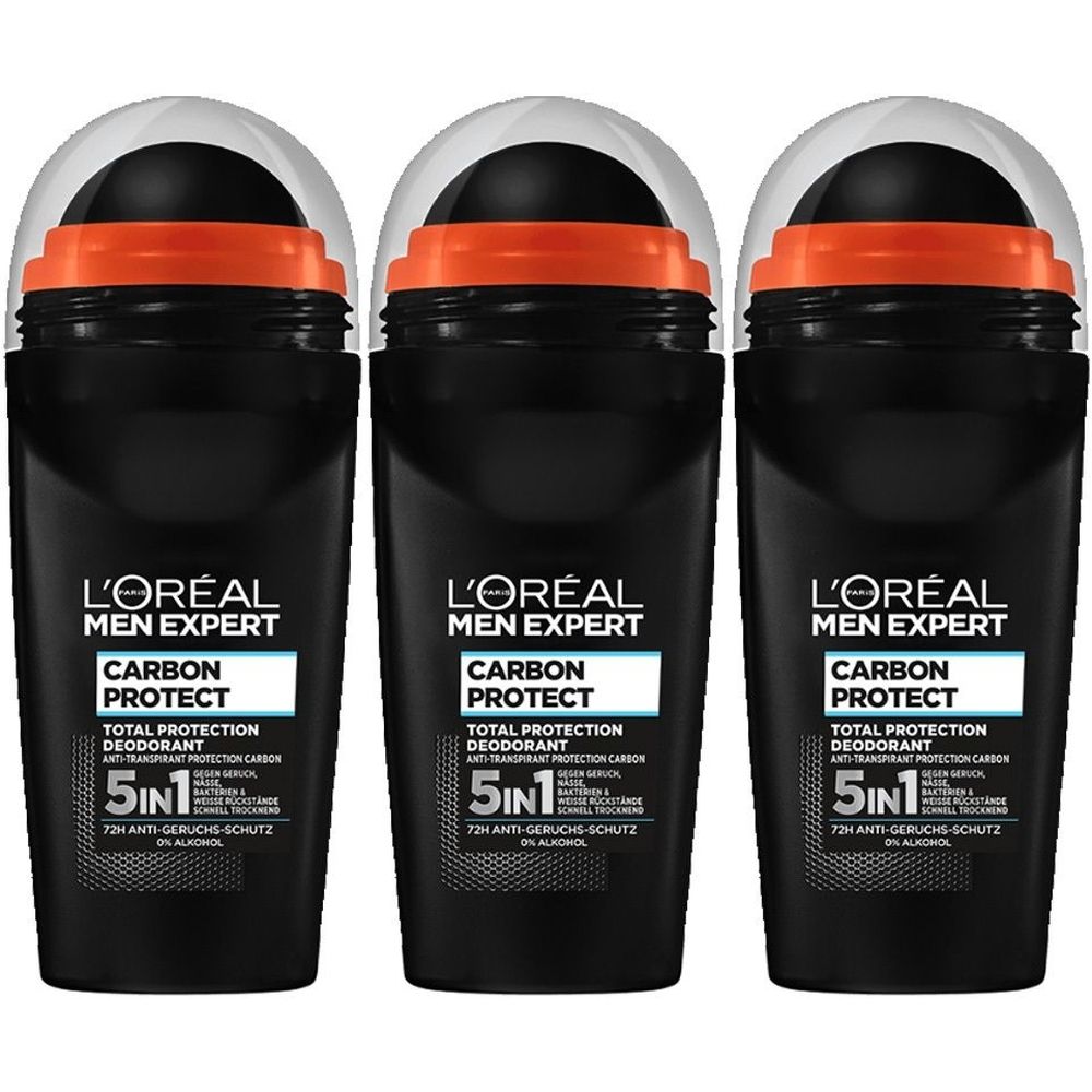 Trois déodorants roll-on noirs avec des accents orange. Inscription : L'Oréal Men Expert Carbon Protect, 5en1, 72h Anti-odeurs.