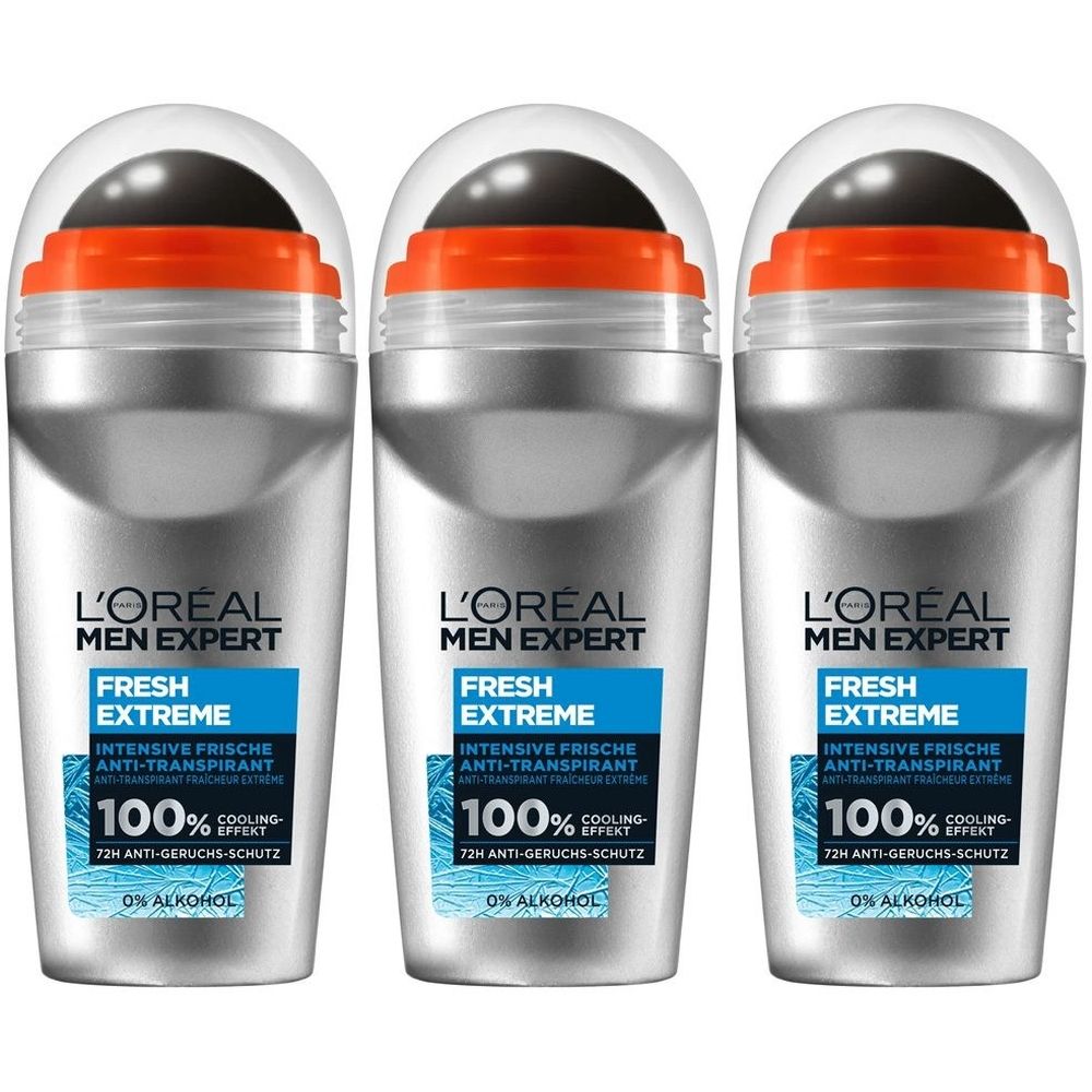 Trois déodorants roll-on. Flacons argentés avec tête noire, anneau orange et étiquette bleue avec texte: L'Oréal Men Expert.