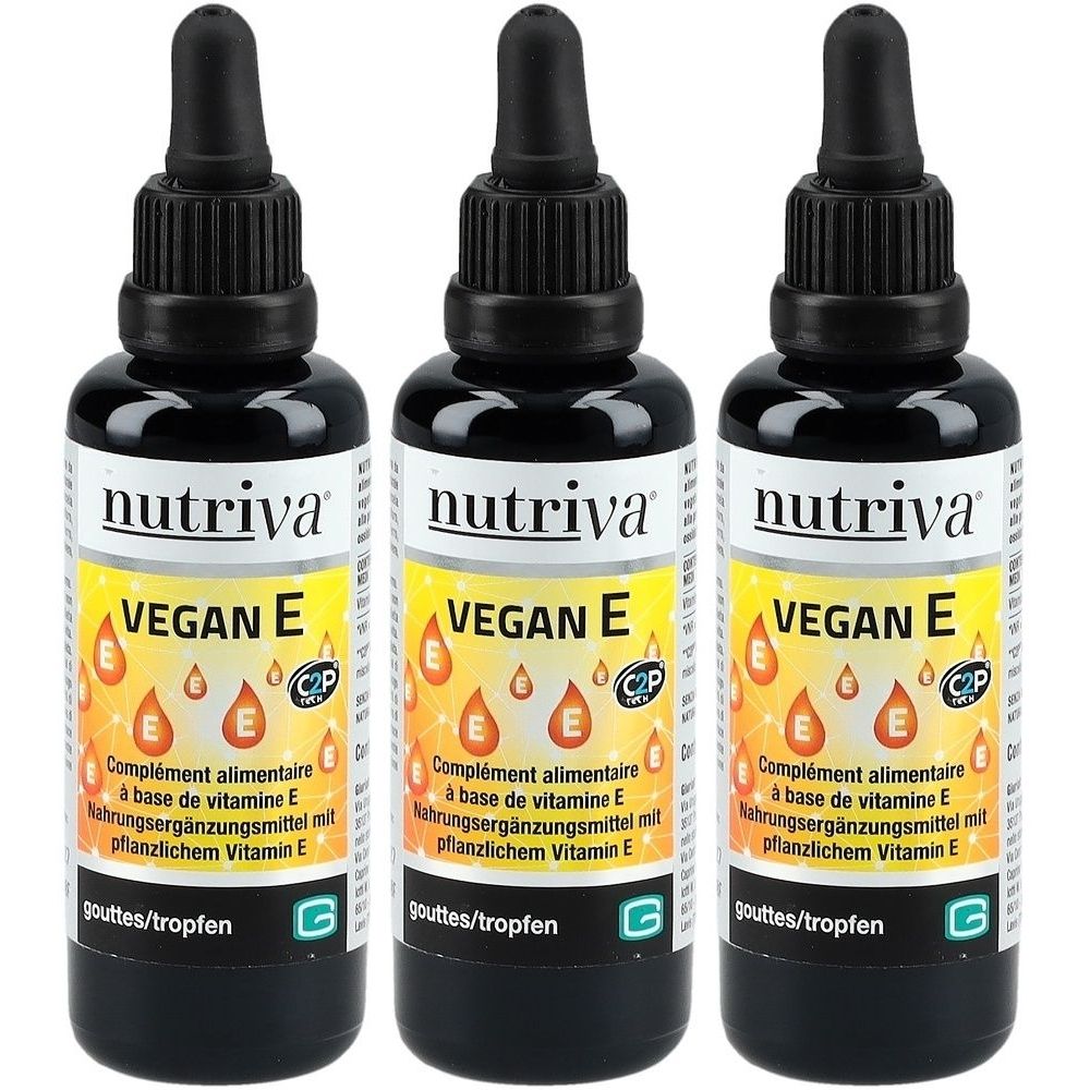 Drei Flaschen Nutriva Vegan E. Schwarze Flaschen mit gelben Etiketten. Aufschrift: Vegan E, Tropfen. Mit Dosierpipette.