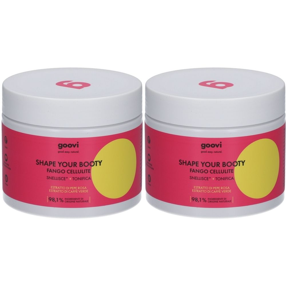 Zwei runde Tiegel mit weißem Deckel und rosa Etikett. Auf dem Etikett steht "goovi SHAPE YOUR BOOTY FANGO CELLULITE". Gelber Kreis. 98,1%.