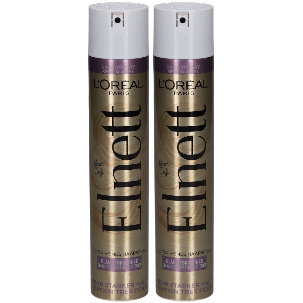 Zwei Haarsprays mit weißem Deckel. Aufschrift: L'Oréal Paris Elnett. Glanz, ultra-feines Haarspray, Fixation très forte.