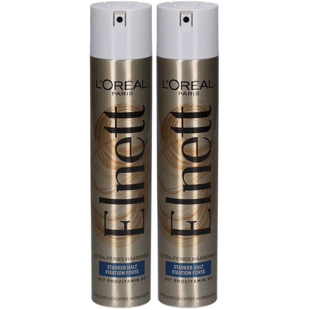 Zwei Haarspray-Dosen L'Oréal Paris Elnett. Goldfarbene Dosen mit weißem Deckel. Text: Starker Halt, Fixation Forte, mit Provitamin B5.