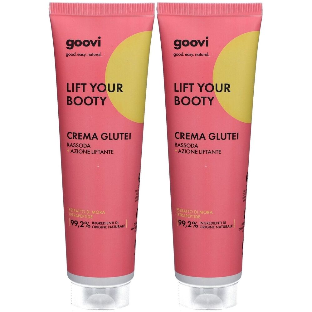Zwei Tuben rosa Creme. Aufschrift: "LIFT YOUR BOOTY", "CREMA GLUTEI". Marke: Goovi. 99,2% Inhaltsstoffe natürlichen Ursprungs.