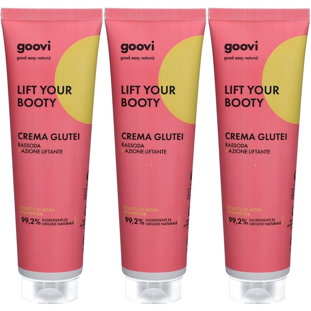 Drei Tuben Creme mit rosa Hintergrund. Aufschrift: LIFT YOUR BOOTY, CREMA GLUTEI, 99,2% Inhaltsstoffe natürlichen Ursprungs.